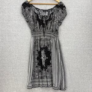 Mystique Aura Dress Large Black White Paisley Boho Key Hole Tie Front